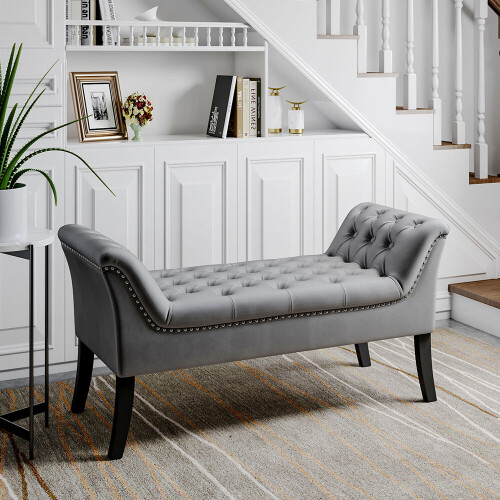 Living And Home (Grey) Velvet Buttoned Bench with Black Wood Legs 2