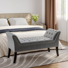 (Grey) Velvet Buttoned Bench with Black Wood Legs