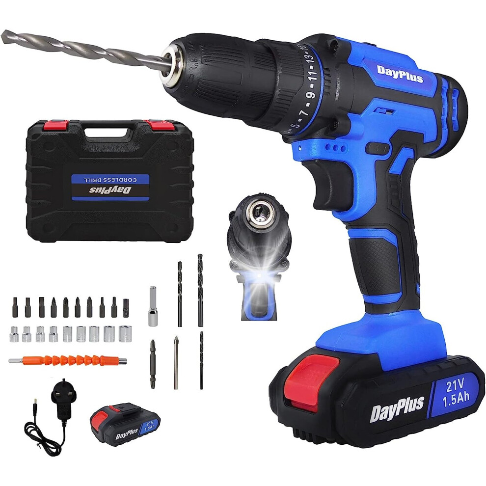 (Drill Set with One Battery) Cordless Drill Driver Screwdriver Combi Drill with Manual Hammer