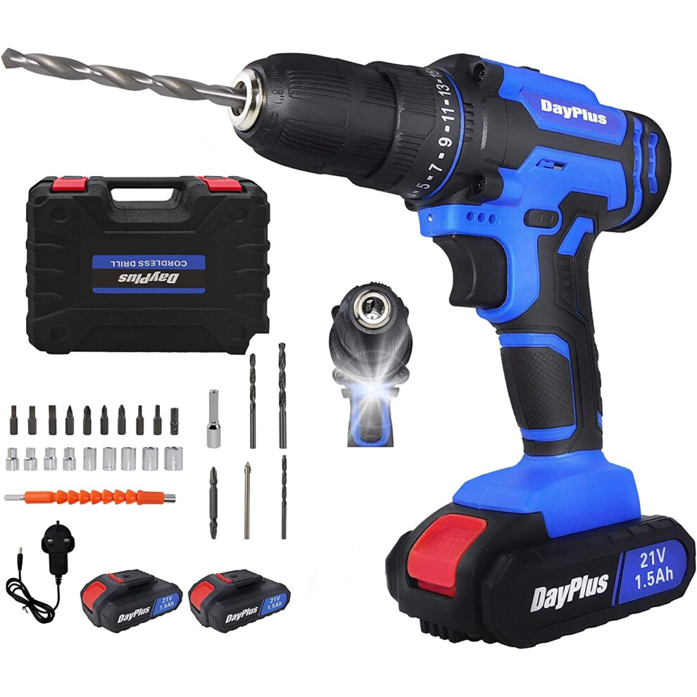 (Drill Set with Two Batteries) Cordless Drill Driver Screwdriver Combi Drill with Manual Hammer