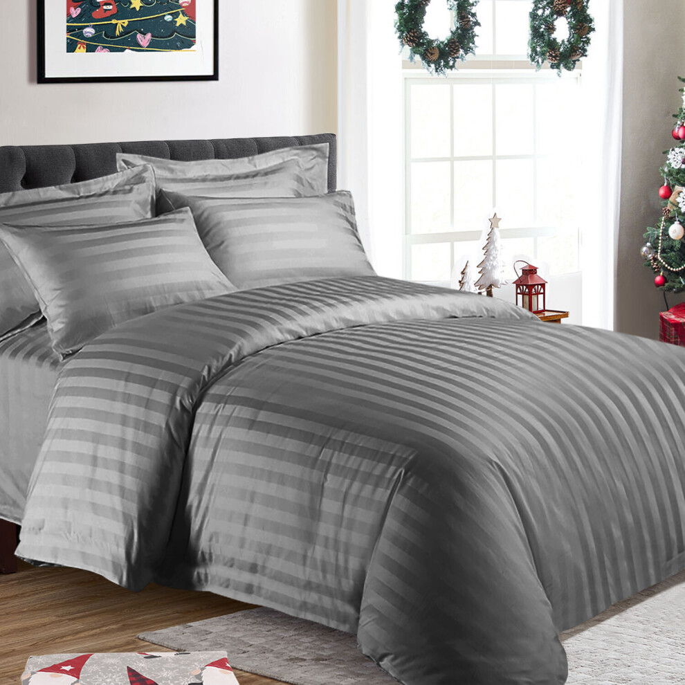 (Grey) Stripe Duvet Quilt Cover King Size Bedding Set