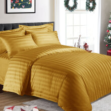 (Ochre Mustard) Stripe Duvet Quilt Cover King Size Bedding Set