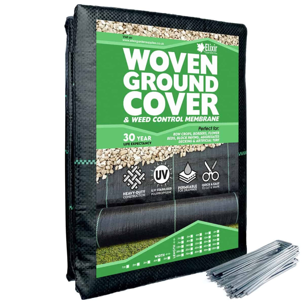 Elixir Garden Supplies (1M, 70M) Woven Ground Cover/Weed Control Landscaping Membrane With Steel Staples