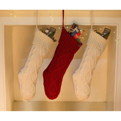 Cable Knit Christmas Stocking Set Solid White Ivory Classic Ornament 18