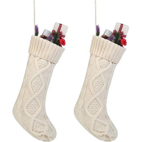 Cable Knit Christmas Stocking Set Solid White Ivory Classic Ornament 18