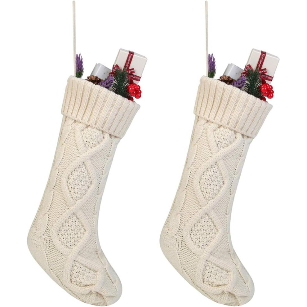 Cable Knit Christmas Stocking Set Solid White Ivory Classic Ornament 18", Set of 2