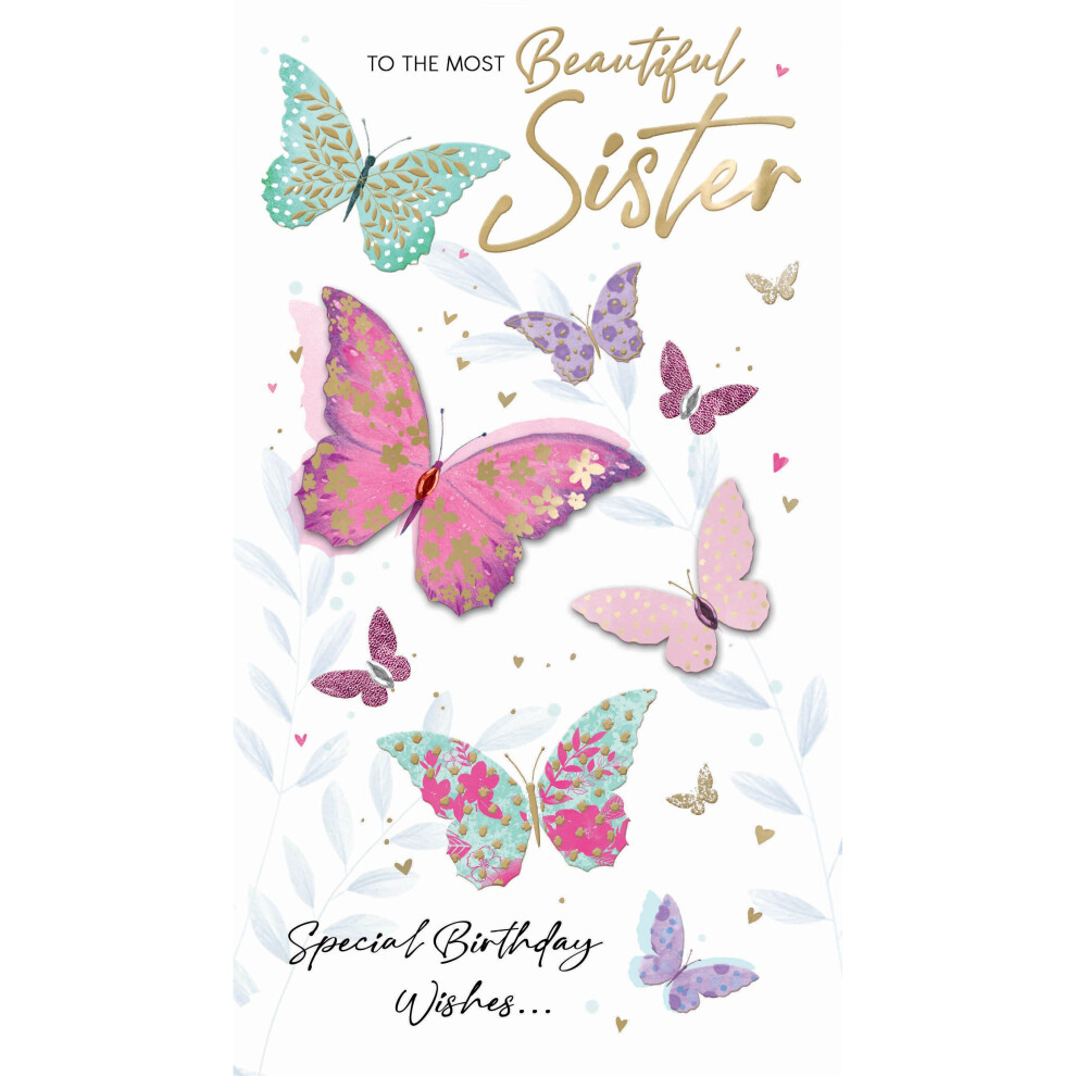 Sister Birthday Card Embellished & Foiled Butterflies Champagne Greeting Card