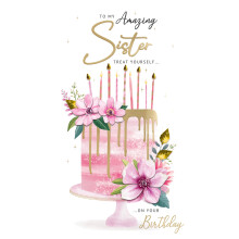 Amazing Sister Birthday Card Embellished Floral Cake Champagne Greeting Card
