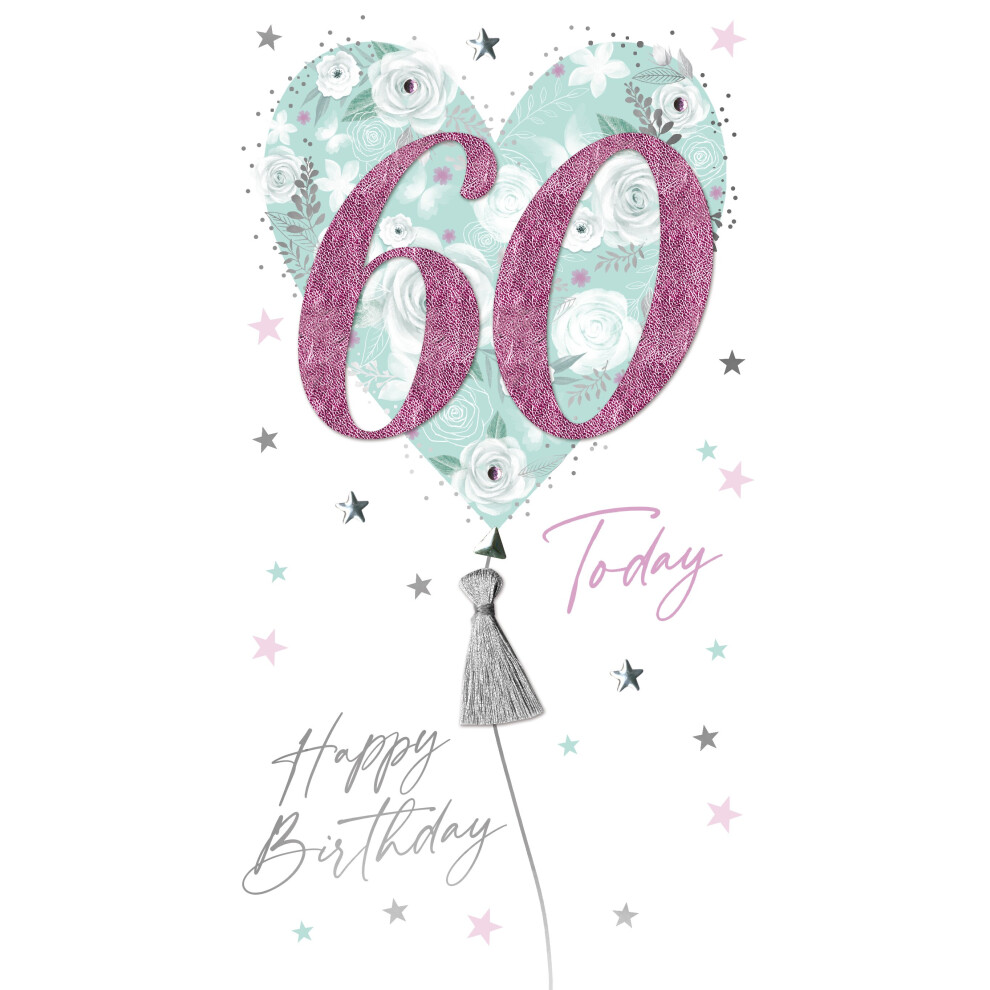 Female 60th Birthday Card Embellished Balloons Champagne Greeting Card