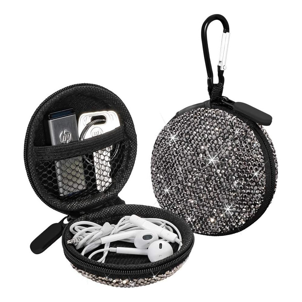 Headphone Case Earplugs Small Carrying Case Headphone Storage Bag With Carabiner (Bright ) Black 8366089231981