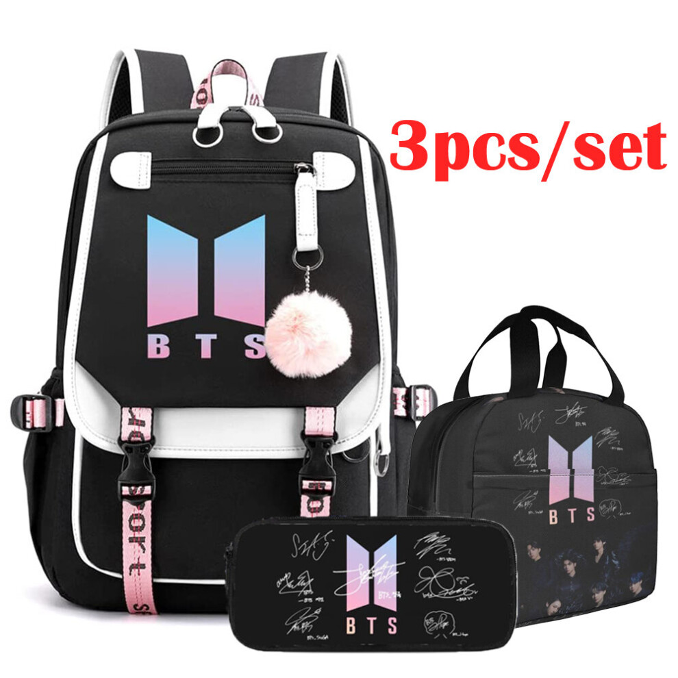 Aoma (Black) Set 3 Student Bts Backpack Lunch Bag Set Black