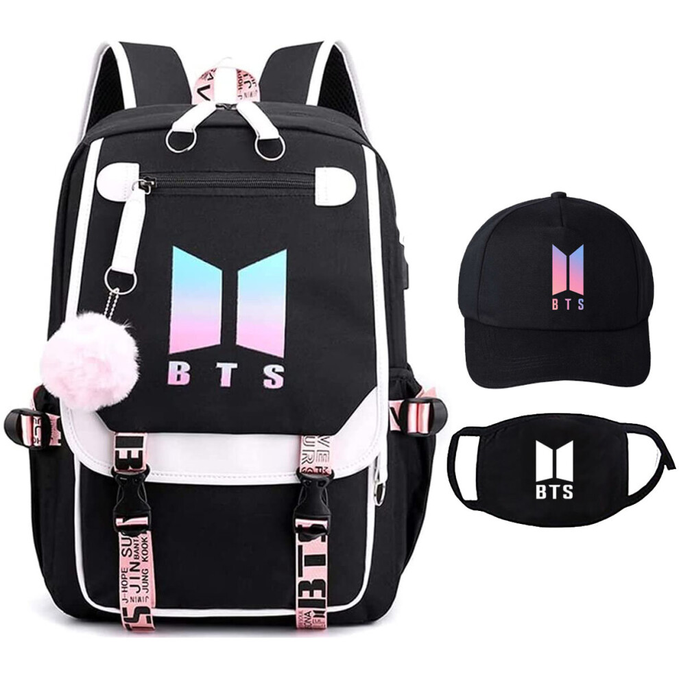 (Black) Kpop Set Bts Backpack School Bag Mask Cap