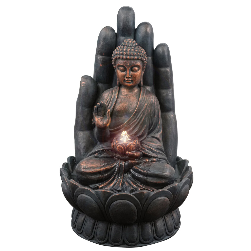 (Palm Buddha Fountain) GEEZY 4 Tier Bowls Indoor Outdoor Polyresin Water Fountain Feature LED Lights Garden