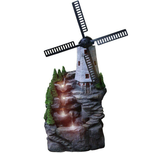 (Windmill Fountain) GEEZY Garden Fountain Water Feature LED Lights Indoor Outdoor Polyresin Statues Decor