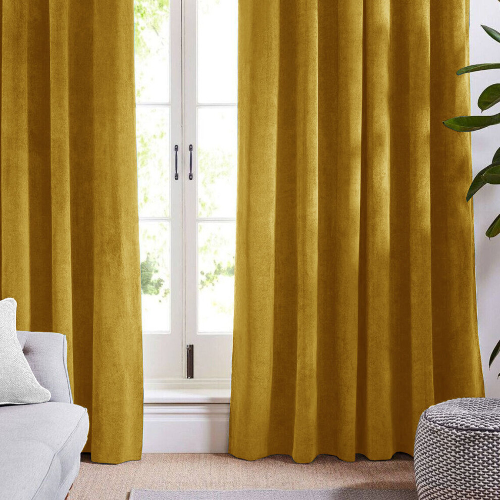 (Ochre Yellow, 90" x 90" (228cm x 228cm)) Blackout Curtains Crushed Velvet Curtain Pair with Tie Backs