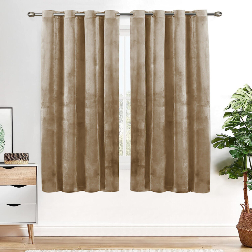 (Beige, 66" x 54" (168cm x 137cm)) Blackout Curtains Crushed Velvet Curtain Pair with Tie Backs