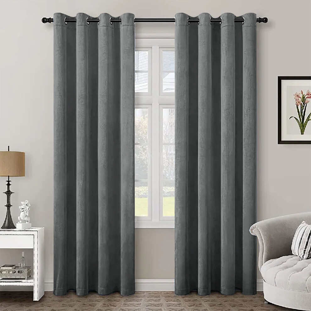 (Grey, 66" x 90" (168cm x 228cm)) Blackout Curtains Crushed Velvet Curtain Pair with Tie Backs