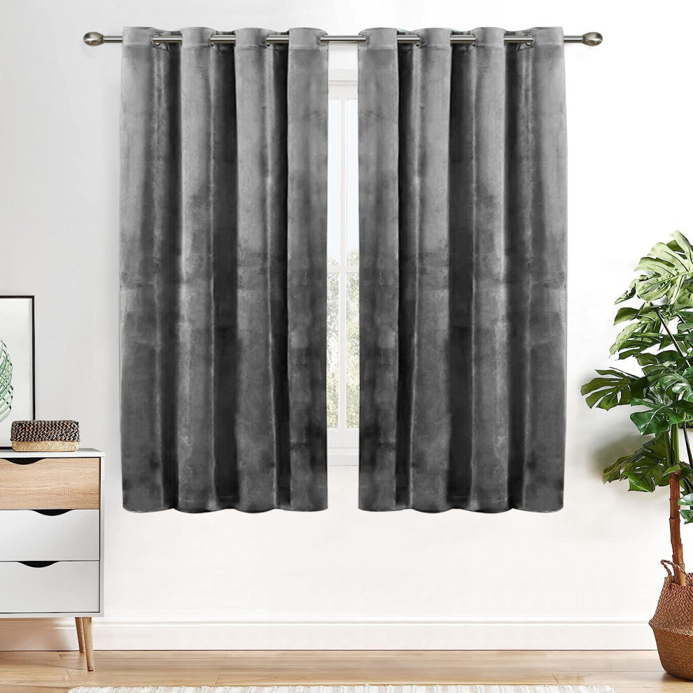 (Grey, 66" x 54" (168cm x 137cm)) Blackout Curtains Crushed Velvet Curtain Pair with Tie Backs