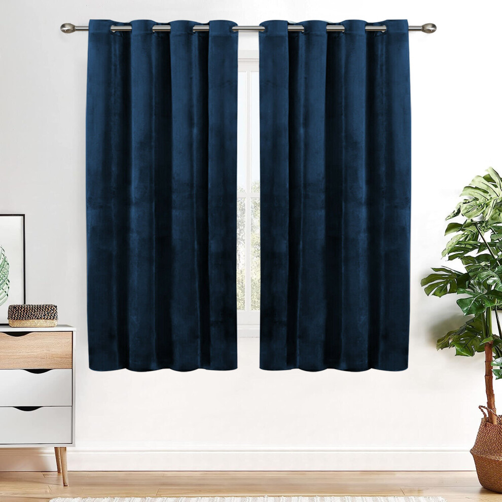 (Blue, 66" x 54" (168cm x 137cm)) Blackout Curtains Crushed Velvet Curtain Pair with Tie Backs