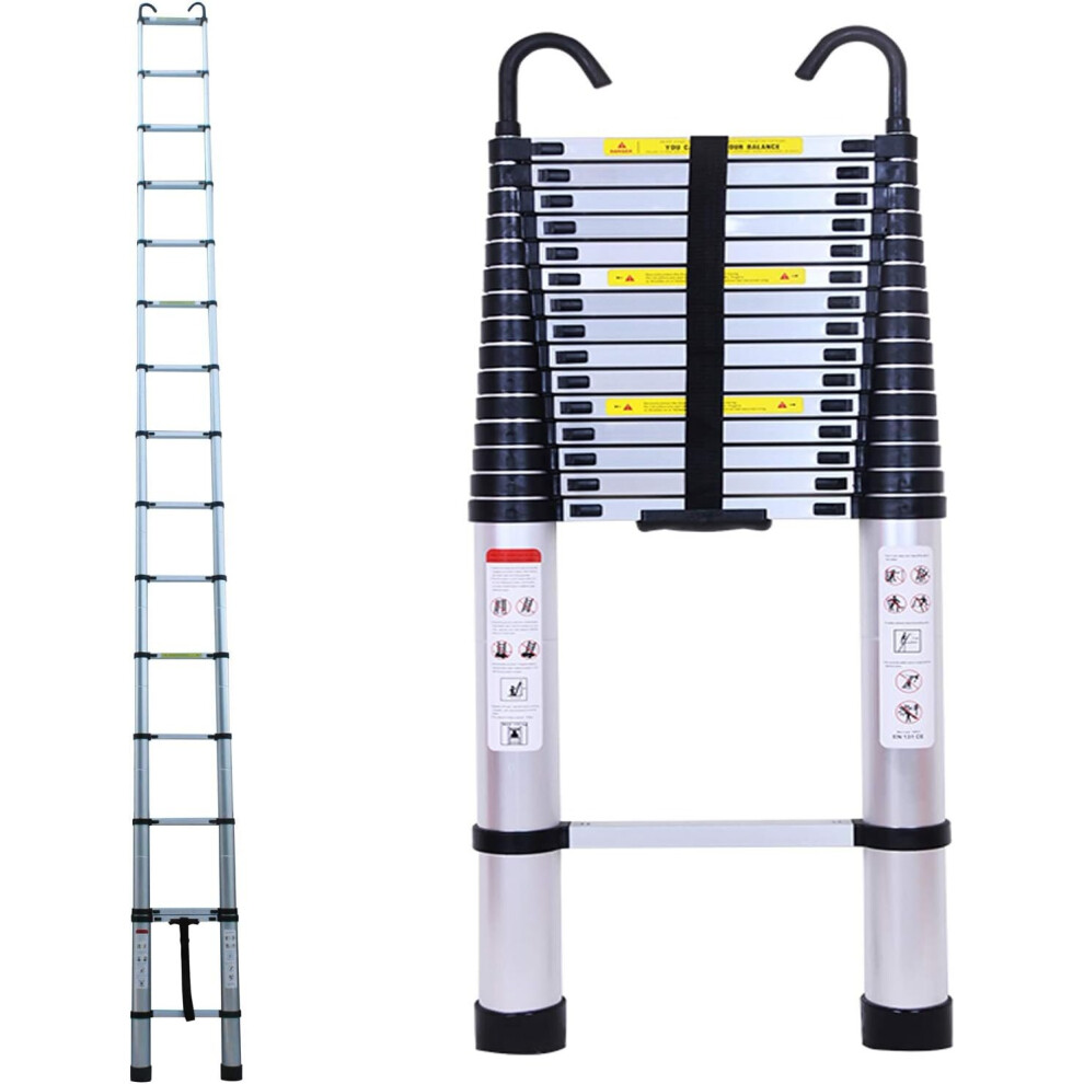 (6.2M Silver) 6.2m Telescopic Folding Extension Ladder Multi Purpose Steps 20.3ft with Detachable Hooks Max Load 150kg
