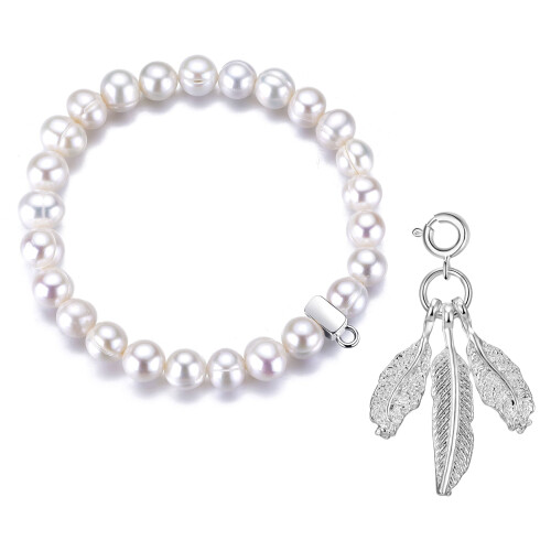 Philip Jones Jewellery Freshwater Baroque Pearl Bracelet with Feathers Charm 1