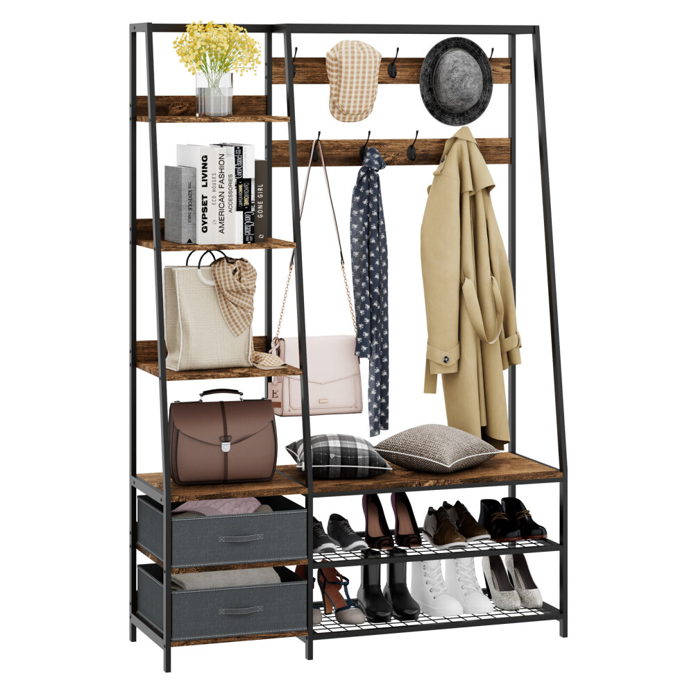 Costway Industrial Coat Rack W/Entryway Bench Hall Tree W/Bench & Shoe Storage