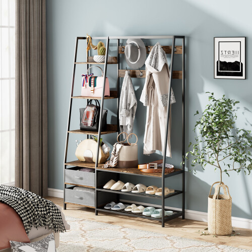 Costway Industrial Coat Rack w/Entryway Bench Hall Tree w/Bench & Shoe Storage 2