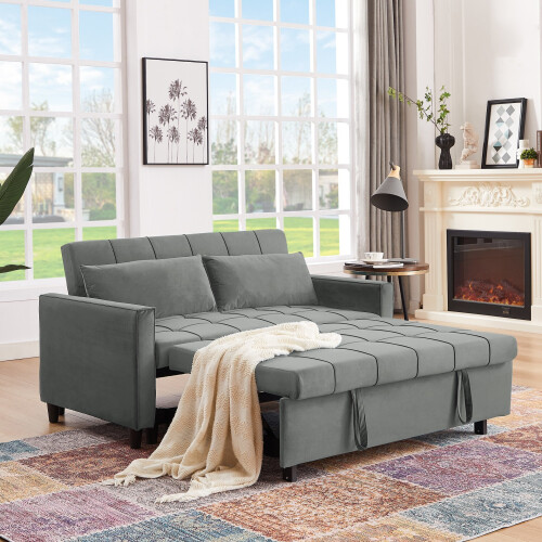 (Grey) 2 Seater Sofa Bed 3-in-1 Pull out Recliner Sleeper 1