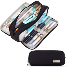 Large Capacity Pencil Case 3 Compartment Pouch Pen Bag for School Teen Girl Boy Men Women (Black)