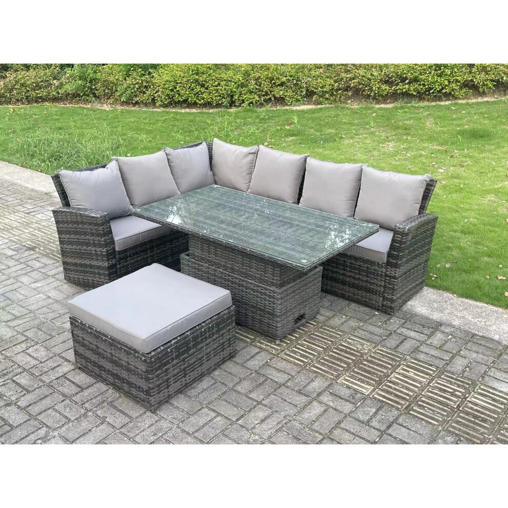 Fimous 7 Seater Rattan High Back Adjustable Rising Lifting Dining Table Corner Sofa Set Garden Furniture Left Hand