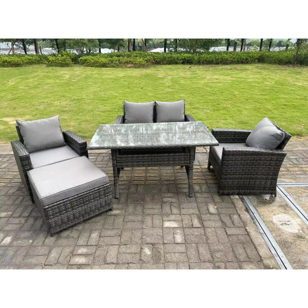 Fimous Unisex Dark Grey Seater Outdoor High Back Rattan Sofa Dining Table Set Love Seat Garden Furniture Big Footstool Size 5 - Image 3