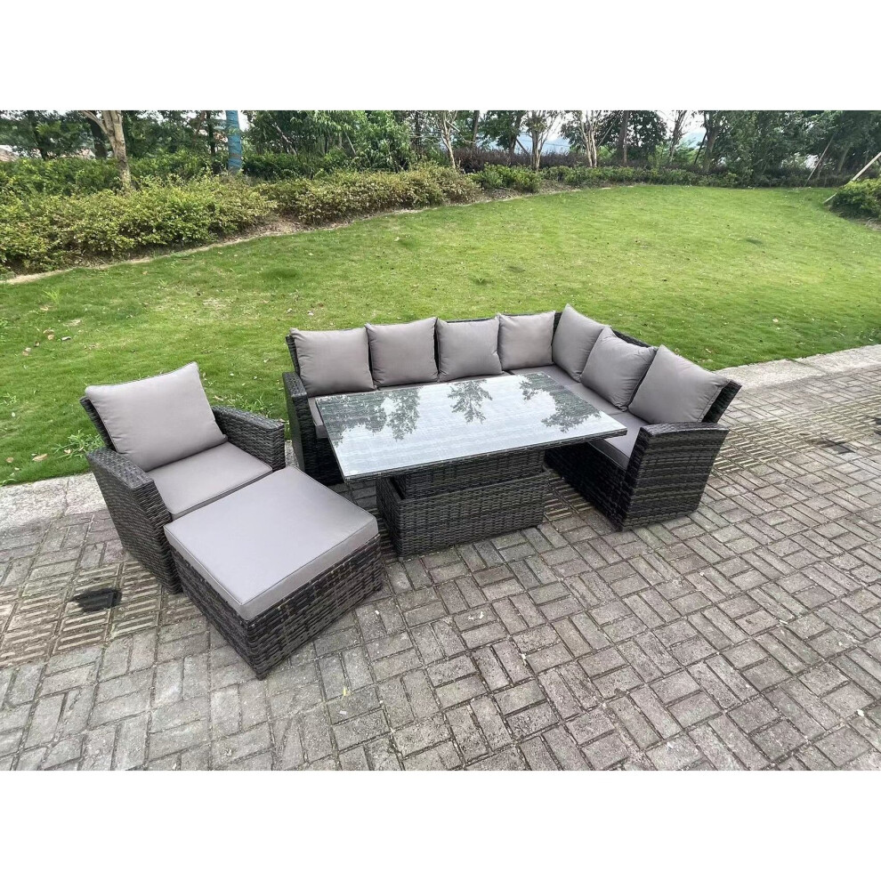Fimous 8 Seater High Back Rattan Adjustable Rising Lifting Dining Table Corner Sofa Set Garden Furniture Set Right Hand