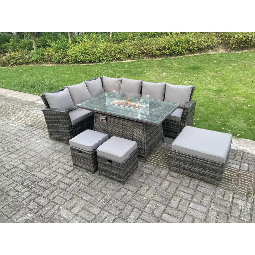 9 Seater High Back Rattan Gas Fire Pit Corner Sofa Set Garden Furniture Heater Dining Table Set Left Hand