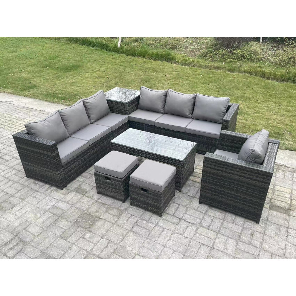 Fimous 9 Seater Rattan Corner Sofa Set With Square Side Table And Oblong Rectangular Coffee Tea Table Arm Chair 2 Stools