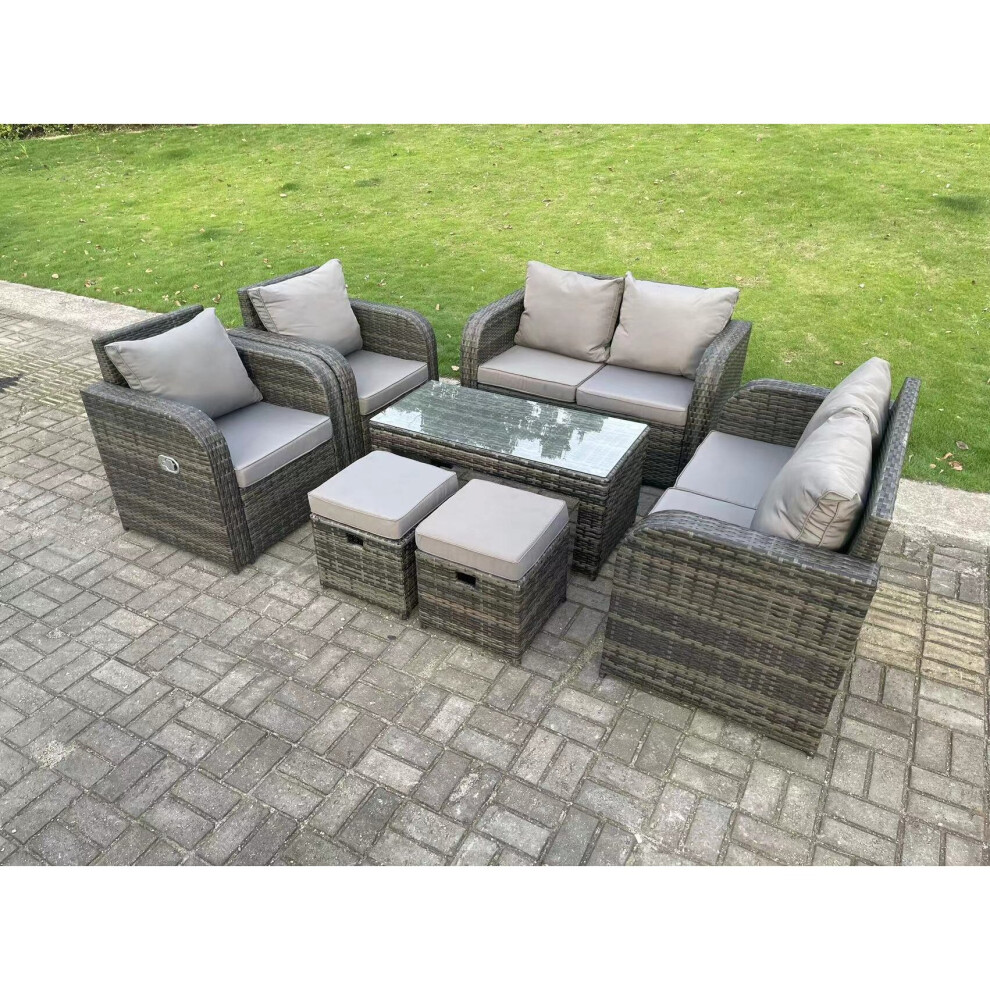 Fimous 8 Seater Dark Grey PE Rattan Garden Furniture Set Reclining Chair 2 Seater Love Sofa Set Coffee Table Stools