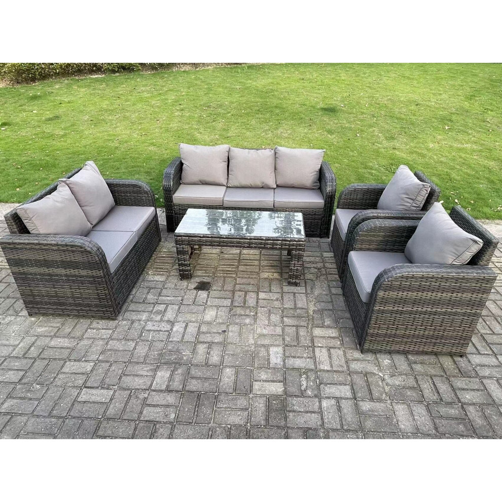 Fimous 7 Seater Dark Grey PE Rattan Garden Furniture Set Reclining Chair Love Seat 3 Seater Sofa Set Coffee Table