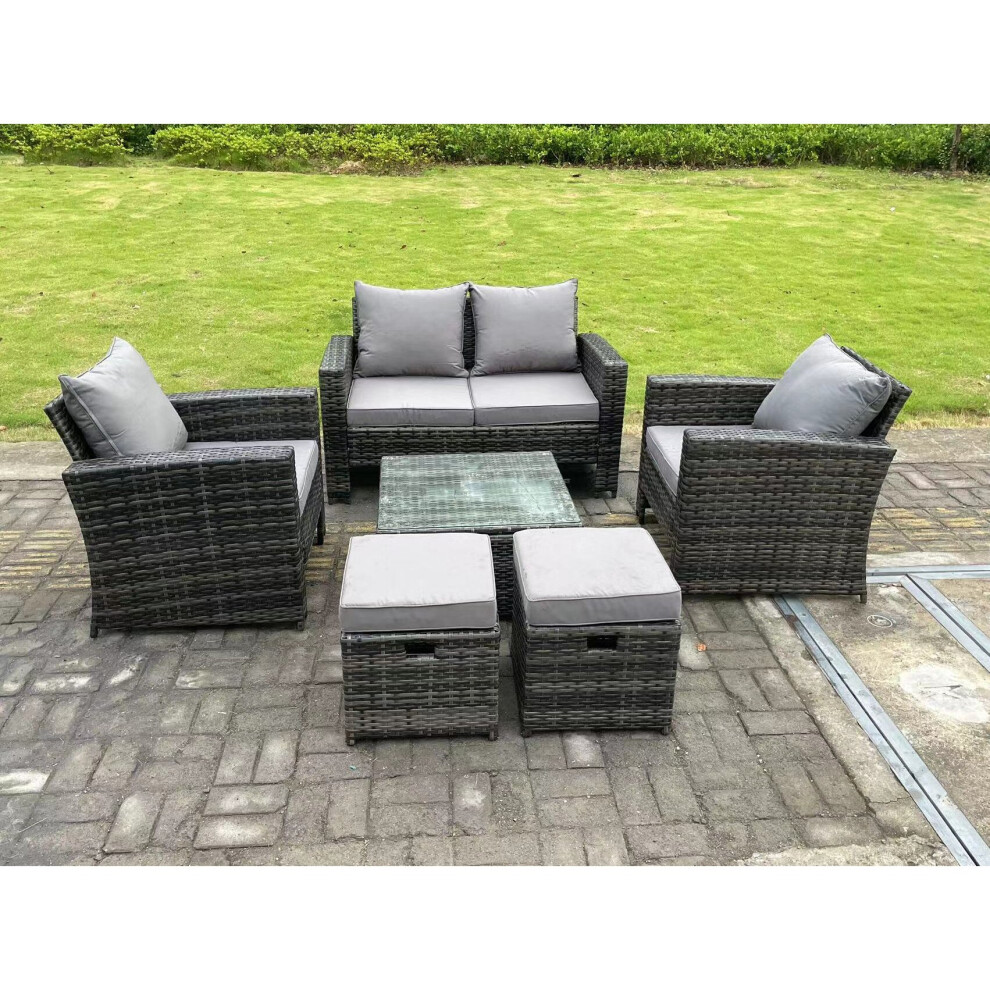 B&Q - 6 Seater Dark Grey Mixed High Back Rattan Sofa Set Square Coffee Table Garden Furniture Outdoor 2 Stools - Image 3