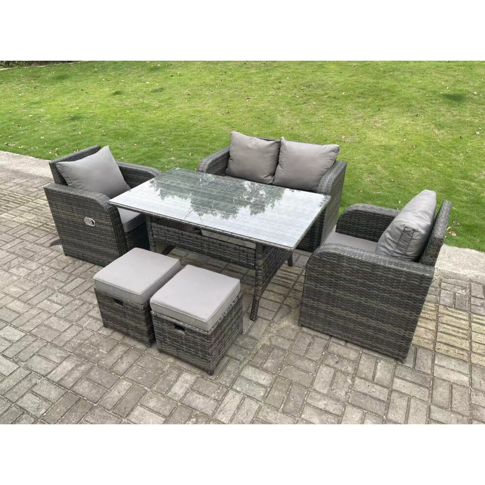 Fimous Dark Grey PE Rattan Garden Furniture Set Love Sofa Reclining Chair Outdoor Rectangular Dining Table Stools 6 Seater
