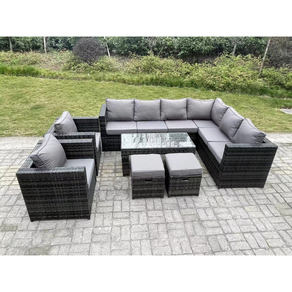 Fimous 10 Seater Rattan Corner Sofa Lounge Sofa Set With Rectangular Coffee Table 2 Stool Dark Mixed Right Hand Grey