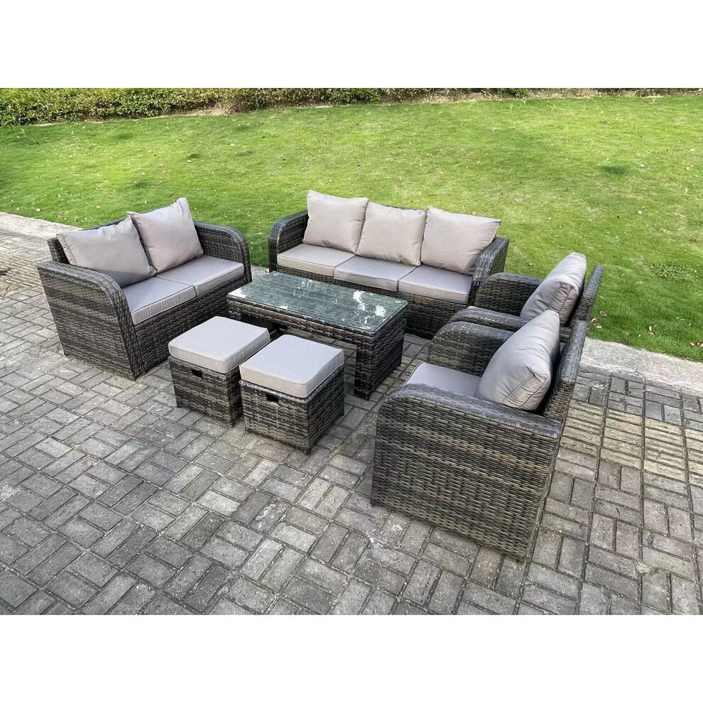Fimous 9 Seater Dark Grey PE Rattan Garden Furniture Set Reclining Chair Love Seat 3 Seater Sofa Set Coffee Table