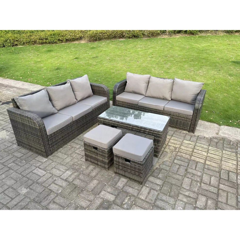 Fimous High Back Rattan Garden Furniture Set Lounge Sofa 3 Seater Sofa Set Outdoor Rectangular Coffee Table 8 Seater