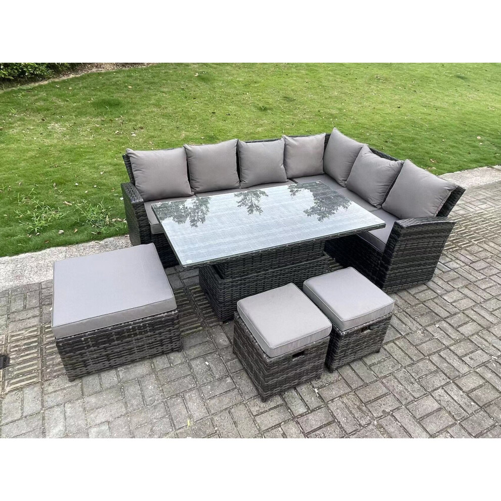 Fimous Dark/Grey 9 Seater High Back?Outdoor Rattan Adjustable Rising Lifting Dining Table Corner Sofa Set Garden Furniture Footstools Mixed Right Hand - Image 3