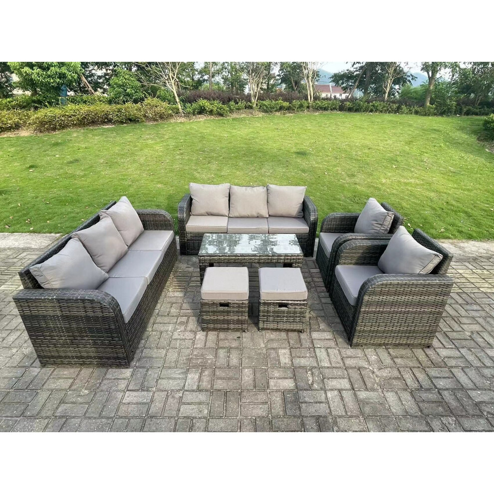 Fimous 10 Seater Dark Grey Pe Rattan Garden Furniture Set Reclining Chair 3 Seater Lounge Sofa Set Coffee Table