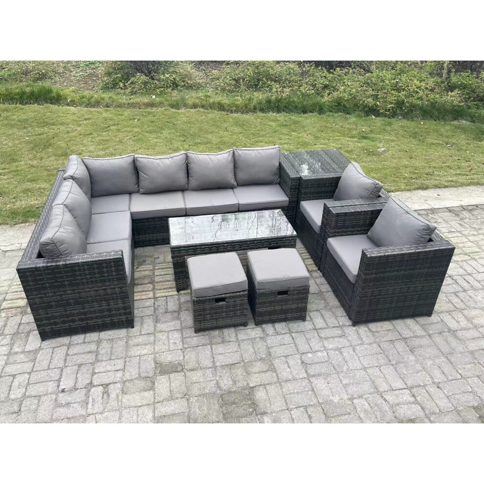 Fimous 10 Seater Rattan Corner Sofa Lounge Sofa Set With Rectangular Coffee Table Side Table 2 Arm Chair And 2 Stools Grey