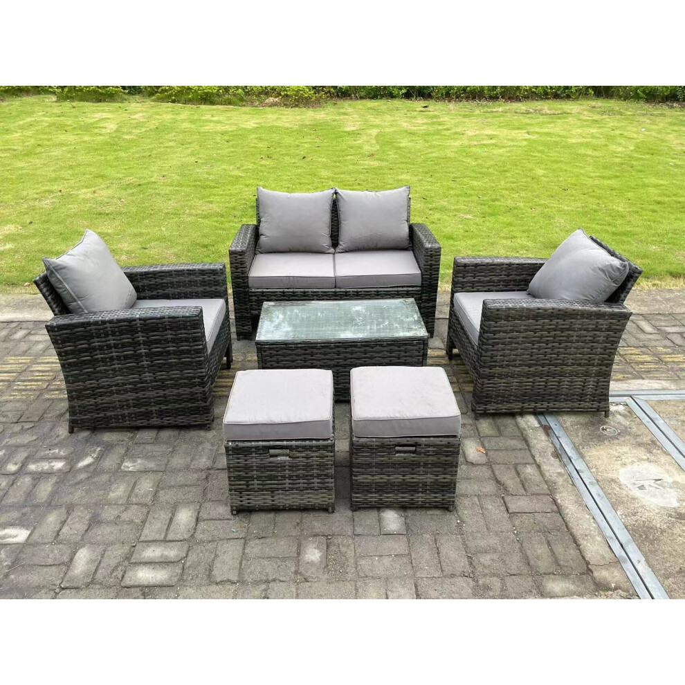 B&Q - 6 Seater Dark Grey Mixed High Back Rattan Sofa Set Rectangular Coffee Table Garden Furniture Outdoor 2 Stools - Image 3