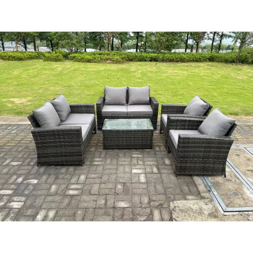 Fimous 6 Seater Dark Grey Mixed High Back Rattan Sofa Set rectangular