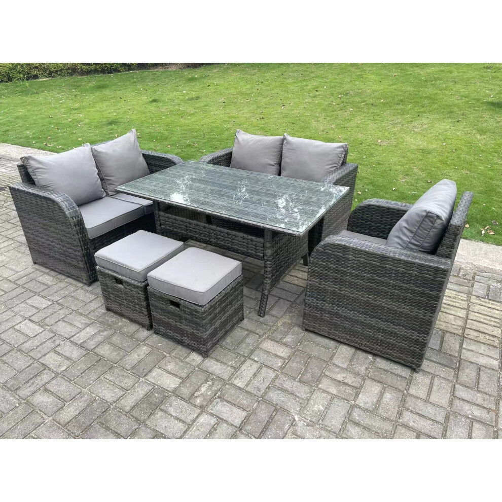 Fimous Rattan Garden Furniture Set Reclining Chair Love Sofa 2 Seater Sofa Set Outdoor Rectangular Dining Table 2 Stools