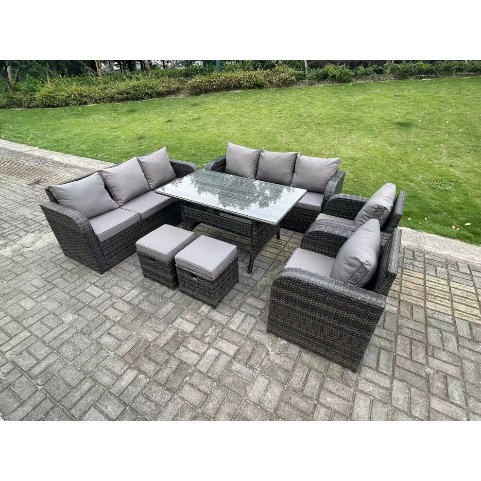 Fimous 10 Seater Rattan Garden Furniture Set Reclining Chair Lounge 3 Seater Sofa Set Outdoor Rectangular Dining Table Stools
