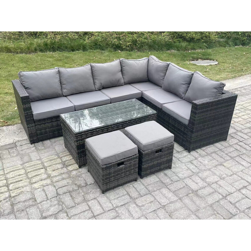 Fimous 8 Seater Rattan Corner Sofa Lounge Sofa Set With Rectangular Coffee Table 2 Stool Dark Grey Mixed Right Hand-image-OPC-PBZ6XRY-NEW