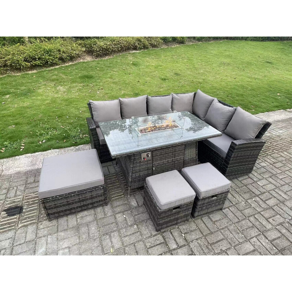 Rackhams Dark/Grey 9 Seater?Outdoor High Back Rattan Gas Fire Pit Corner Sofa Set Garden Furniture Heater Dining Table Set Footstools Mixed Right Hand - Image 3